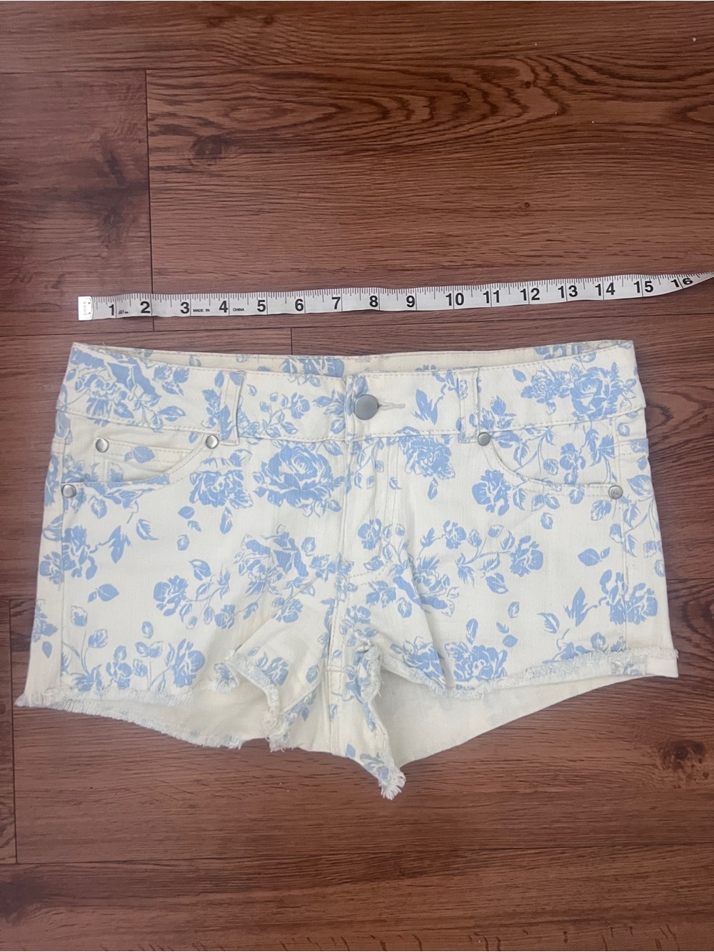 Forever 21 Cream and Light Blue Floral Denim Shorts